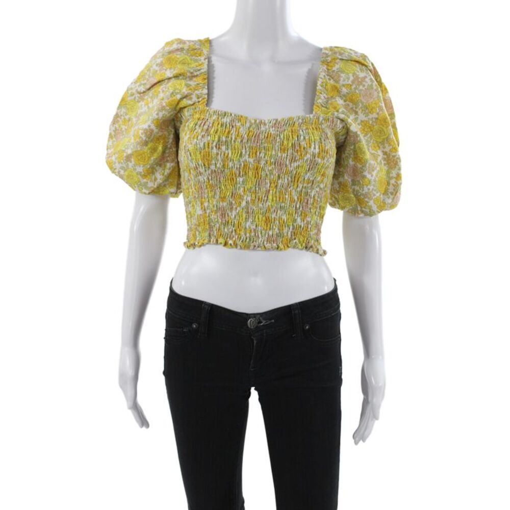 Faithfull The Brand Women Cropped Floral Linen Blouse Sq Neck Yellow Size XS